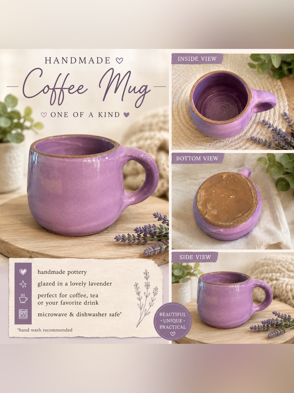 Mug Handmade Pottery Ceramic Lavender 6oz